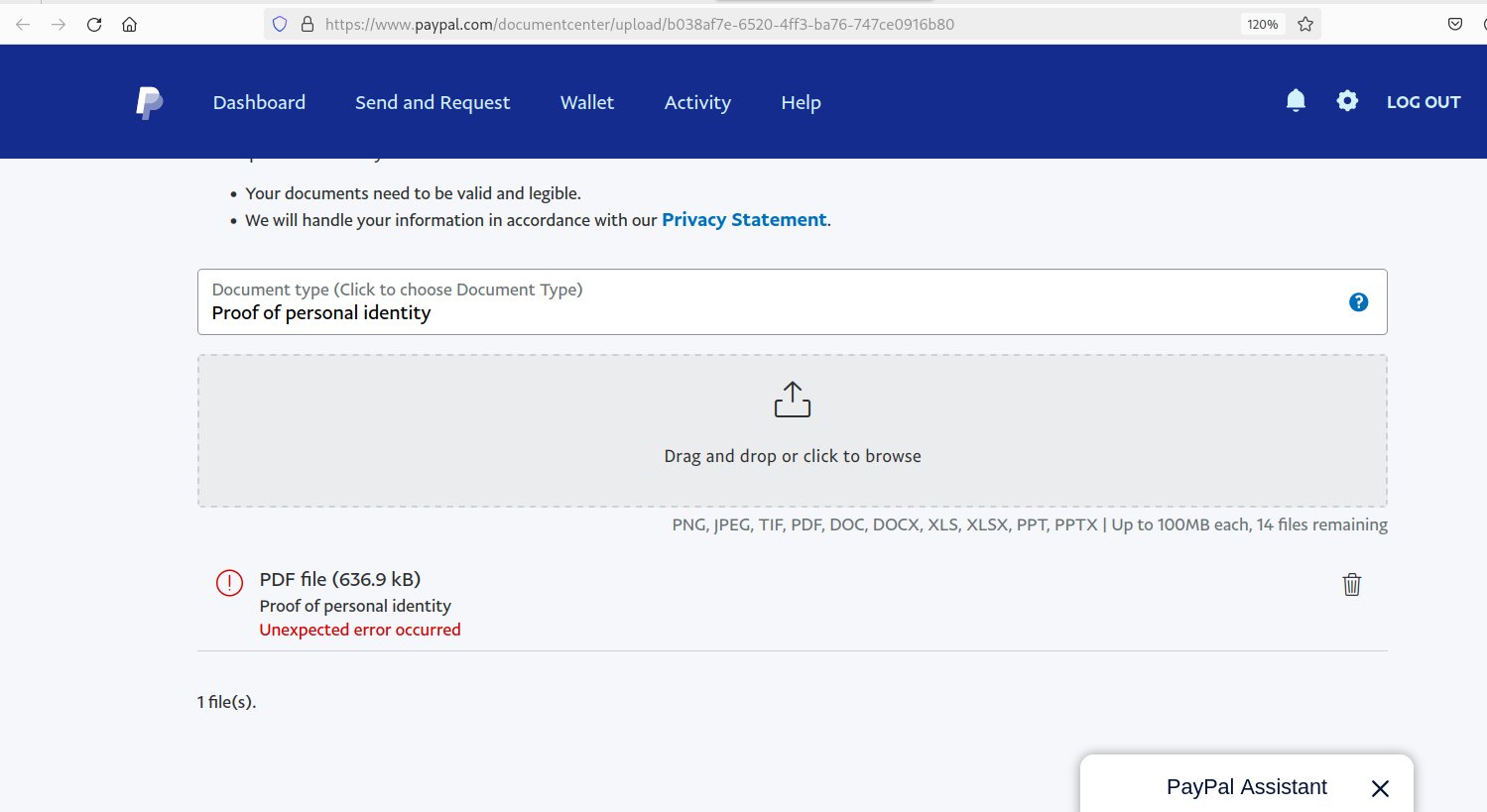 PayPal error by uploading file